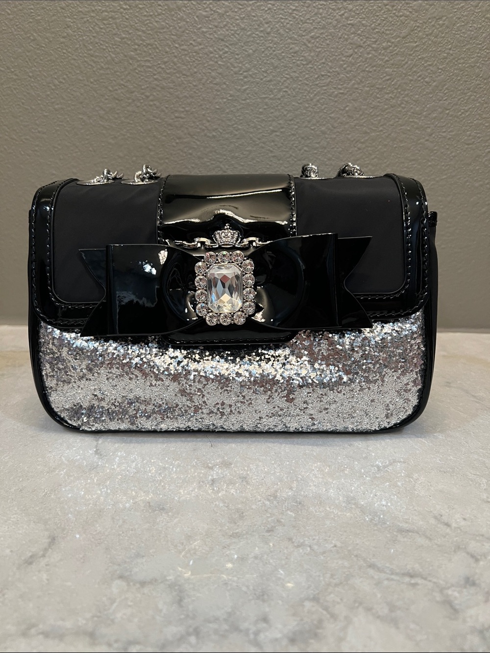 Brighton My Flat in London Black and Silver Glitter Bow-Accent Shoulder Bag